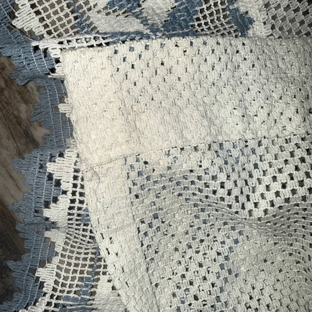 Set of 2 Vintage Curtain Curtains Blue Lace Cream Blue Cottage Crochet Lace